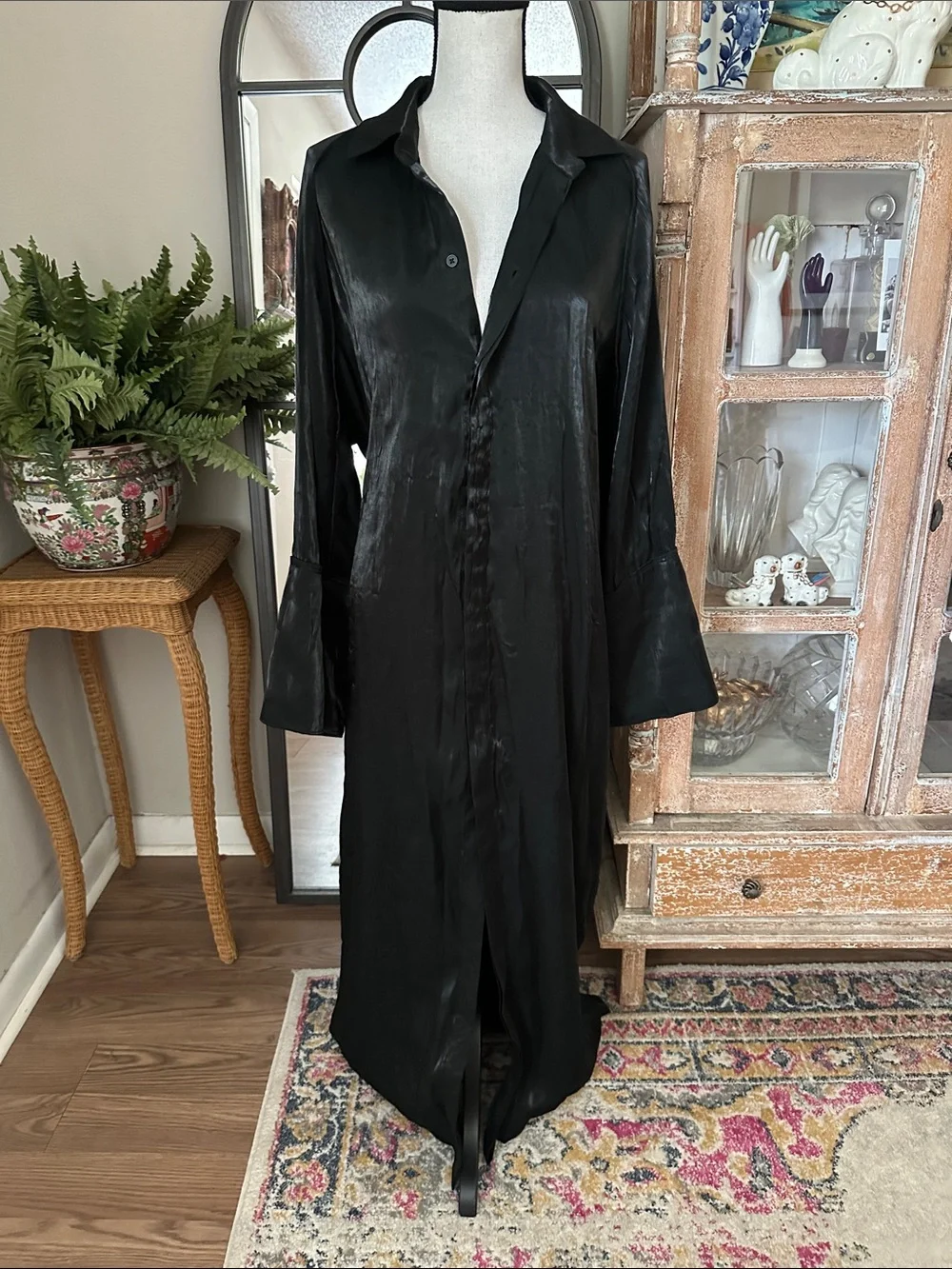 Liquid Black Duster Maxi Button Down Dress